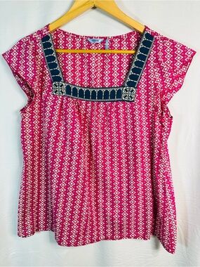 Izod Hot Pink Printed Tunic with Navy Embroidered Square Neck